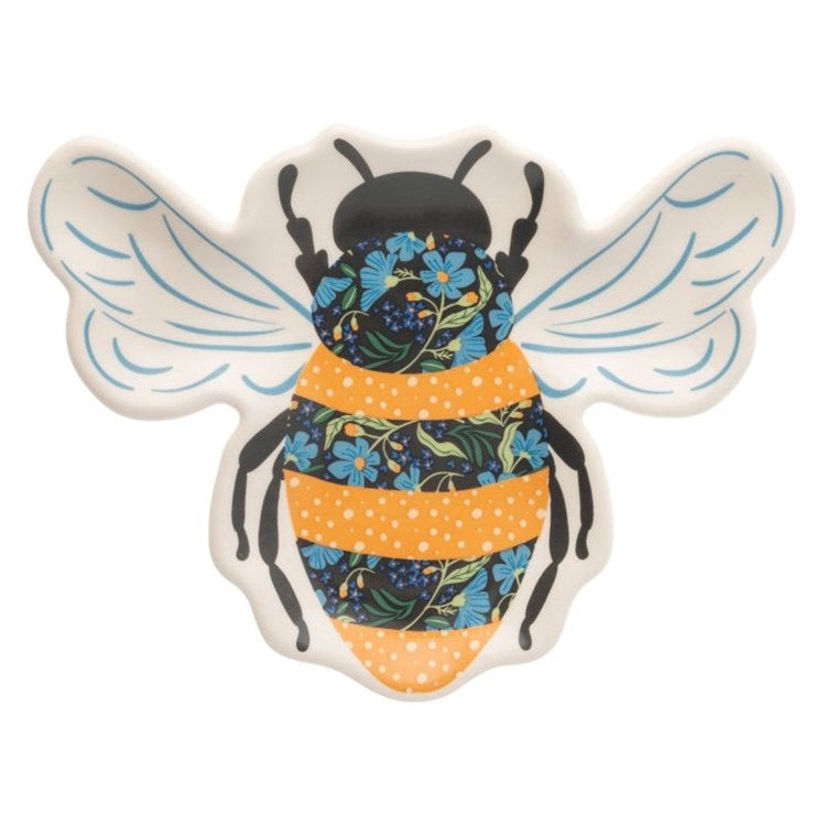 Decorative plate shaped like a bee with floral patterns on a white background