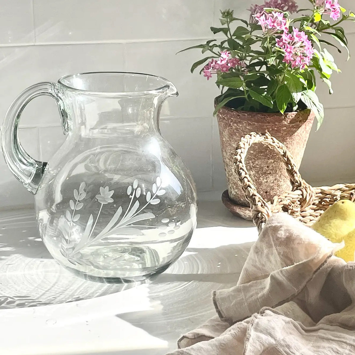 Bella Etched Glass Pitcher - Large