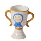 Ceramic cup with handles, blue ribbon design, and 'Best Mom' text on a white background