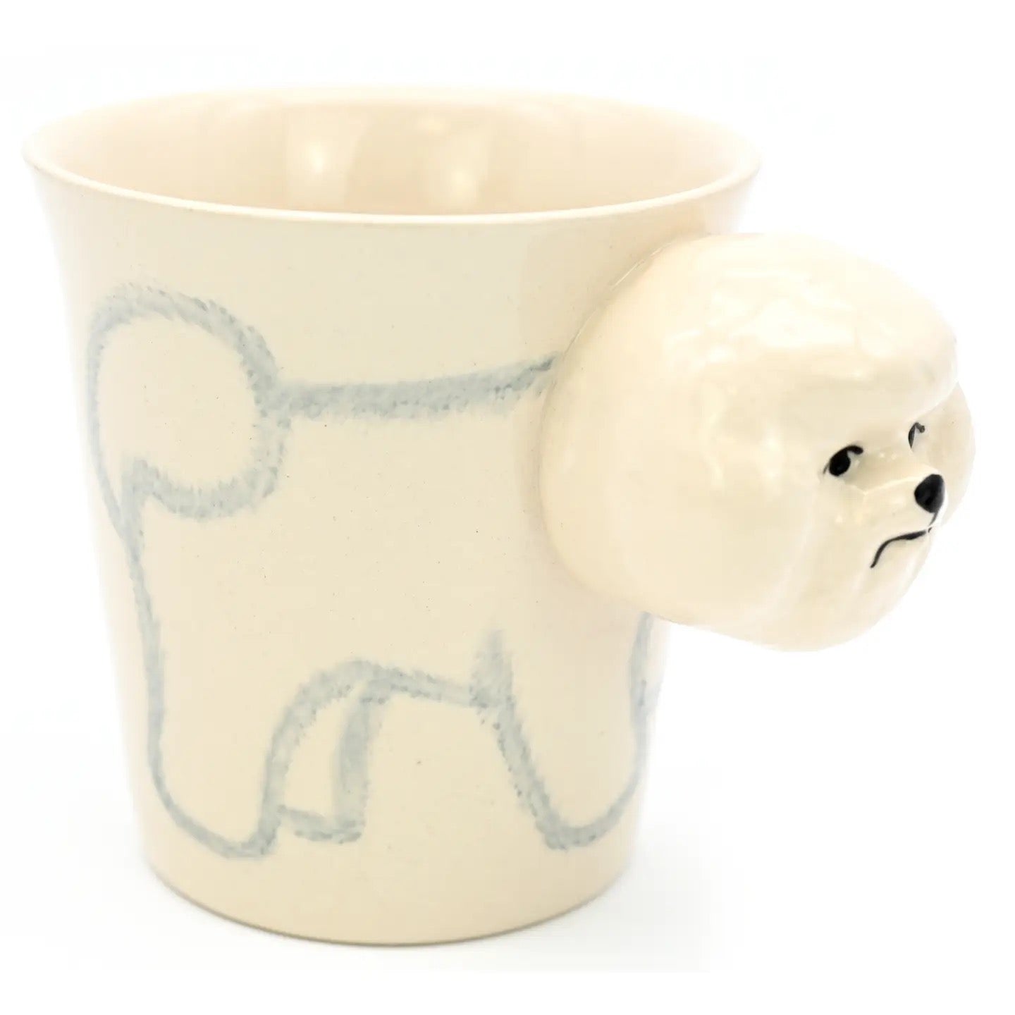 Ceramic mug shaped like a dog with a face on a white background