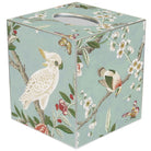 Tissue box cover with bird and floral design on a light blue background