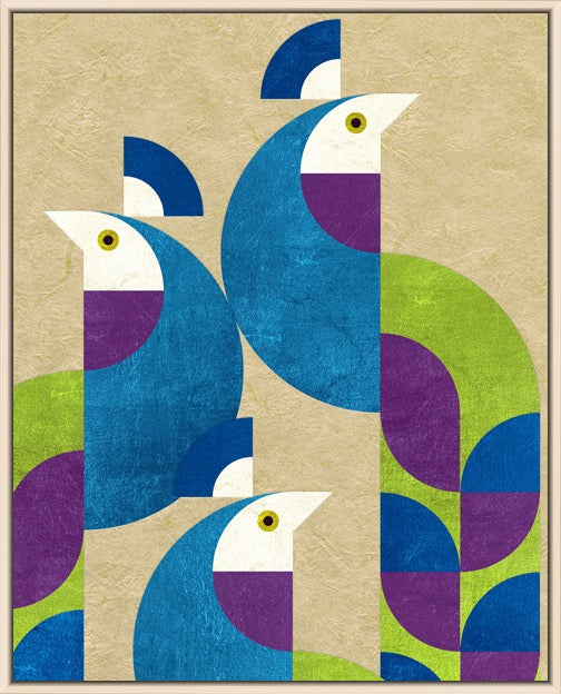 A framed abstract art print featuring three stylized birds in blue, purple, and lime green on a textured beige background.