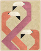 A framed abstract art print featuring three stylized geometric flamingo-like bird figures in pink, coral, and cream on a textured beige background.
