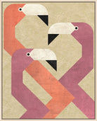 A framed art print featuring a stylized geometric design of two abstract flamingos in coral orange and dusty pink on a textured beige background.