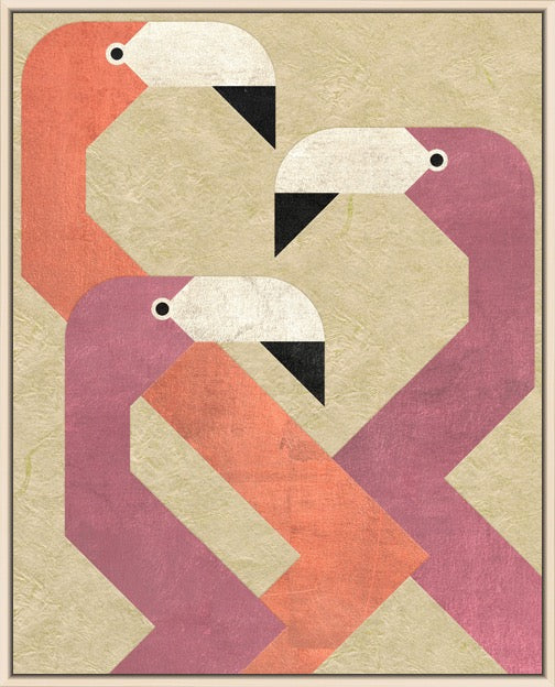 A framed art print featuring a stylized geometric design of two abstract flamingos in coral orange and dusty pink on a textured beige background.