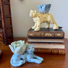 Two ceramic lion planters on a stack of books with a wooden shelf in the background.