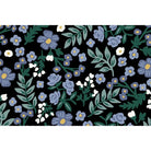 Floral pattern with blue and white flowers on a black background