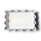 Rectangular ceramic tray with blue decorative border on a white background