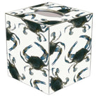 Tissue box cover with blue crab pattern on a white background