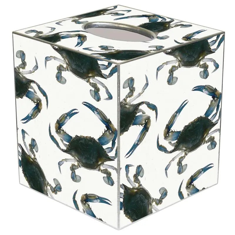 Tissue box cover with blue crab pattern on a white background