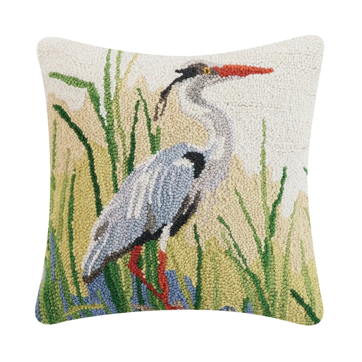 Decorative pillow with a heron design on a white background