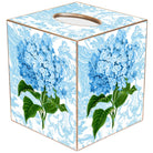 Tissue box cover with blue floral design on a white background