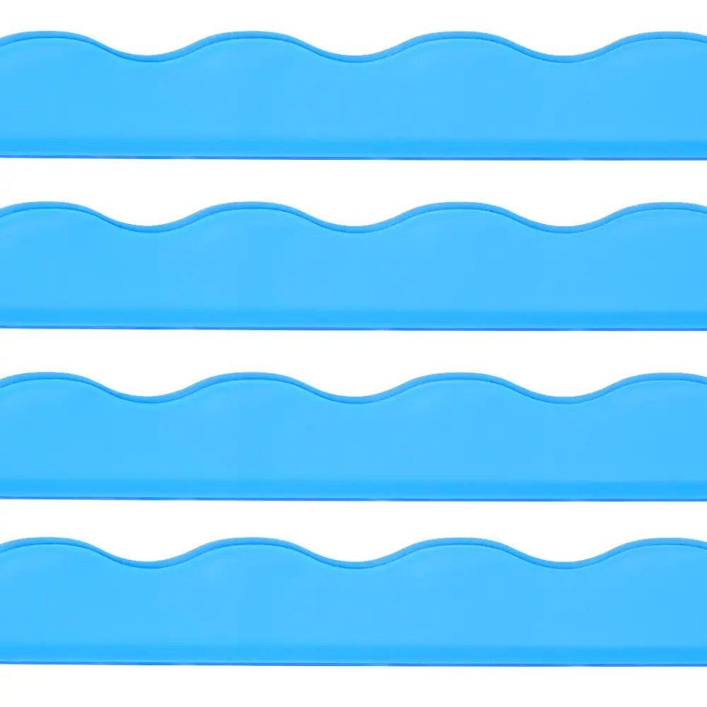 Four bright blue wavy-edged strips arranged horizontally on a white background.