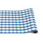 Roll of blue and white checkered fabric on a white background