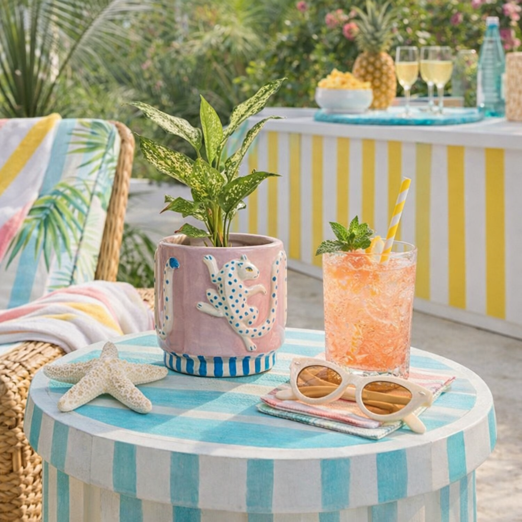 Outdoor setting with a striped table, plant, drink, sunglasses, and pineapple.