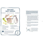 A recipe card for Braised Beef Cheeks with text, ingredients list, cooking instructions, and a small illustration of beef and vegetables on a light blue background.