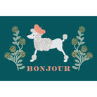 Illustration of a poodle with a pink hat and 'Bonjour' text on a green background