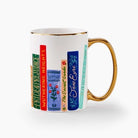 Mug with book title designs on a white background