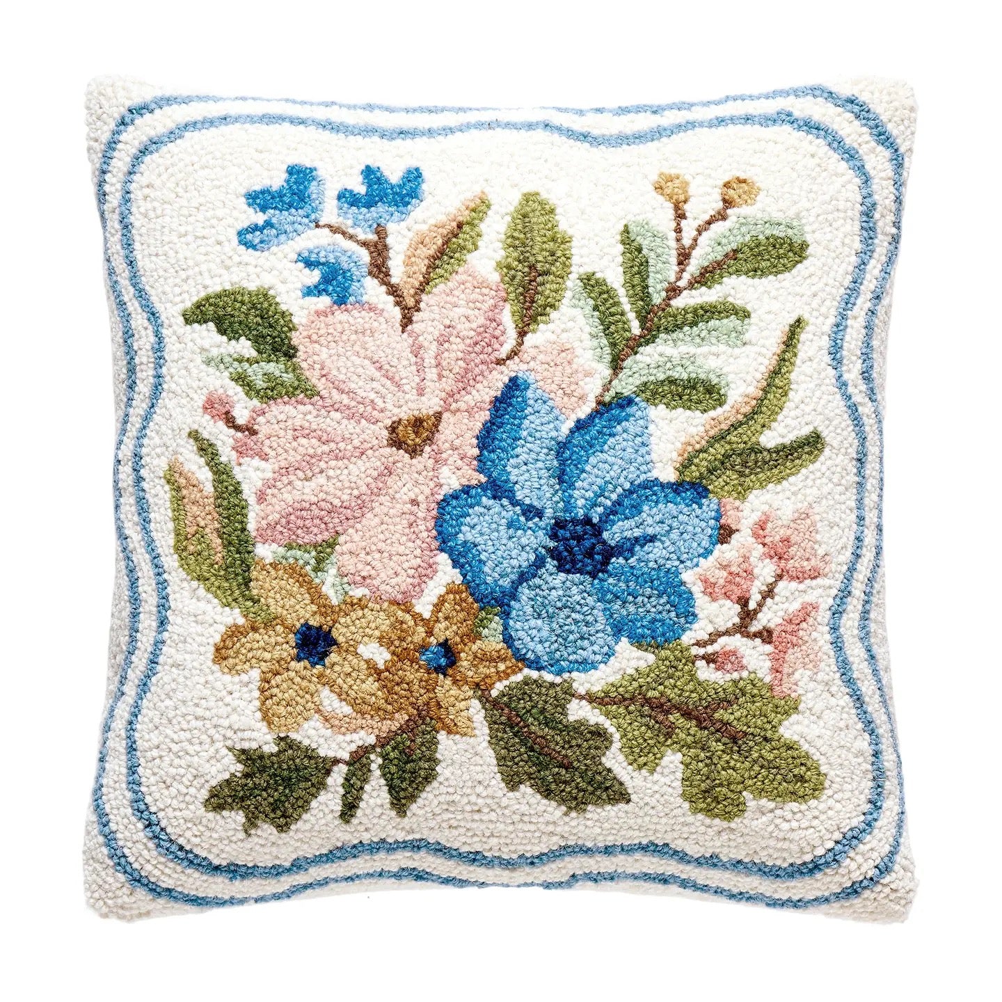 A square decorative throw pillow with a textured, looped floral design. The pillow features a cream-colored background with a blue border and a central floral motif in blue, pink, green, and yellow.