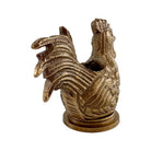 A decorative rooster figurine in a distressed antique gold finish, standing on a round base against a plain white background.