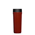 Brown travel mug with black lid on a white background