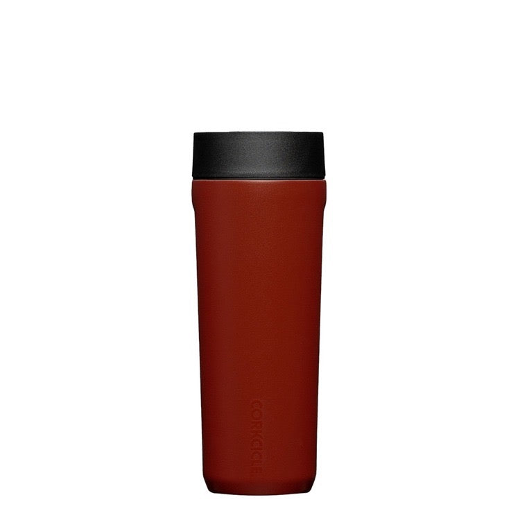 Brown travel mug with black lid on a white background