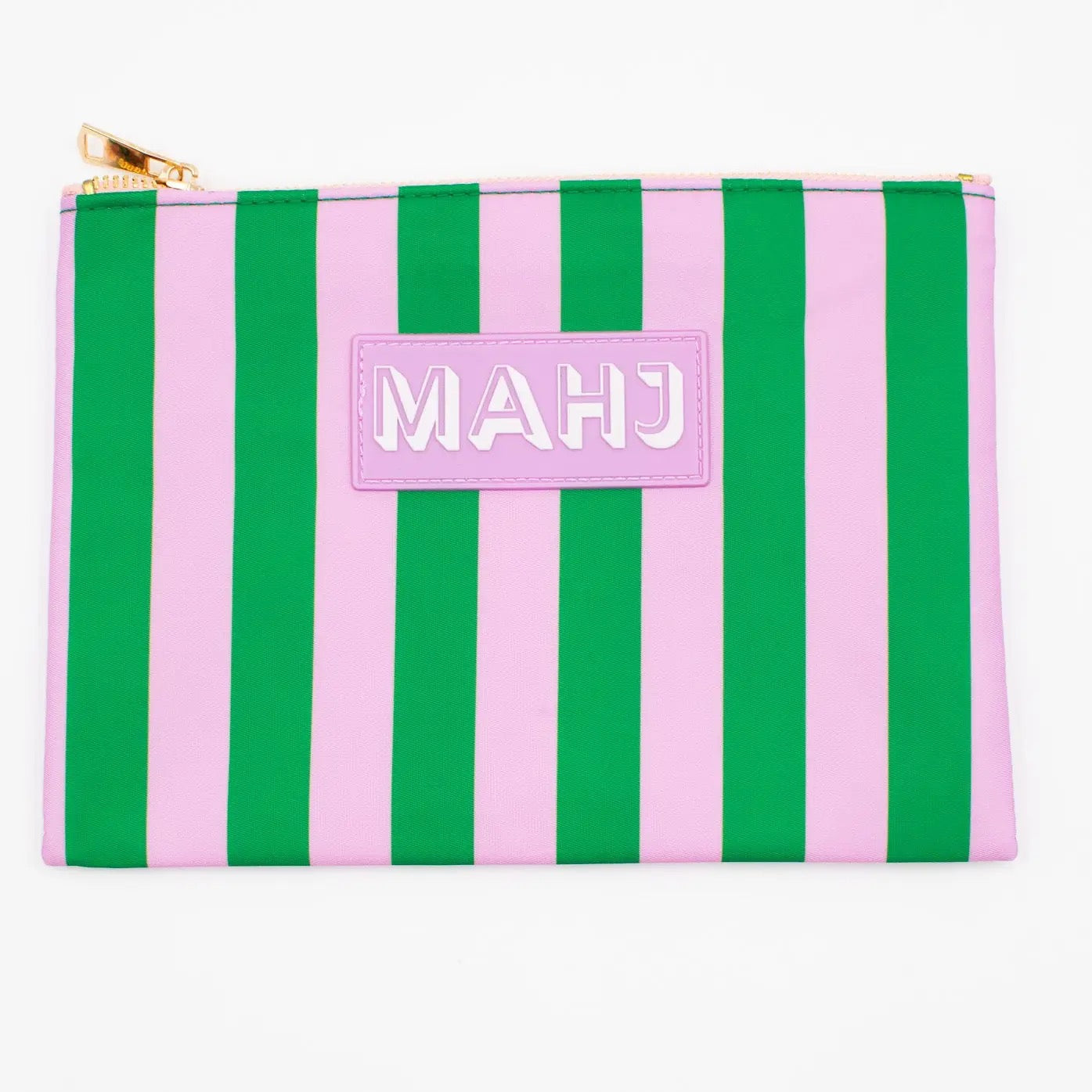 A pink and green vertically striped zippered pouch with a light pink patch on the front that reads 'MAHJ' in white letters, shown on a plain white background.