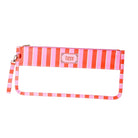 Striped pouch with a visible brand logo on a light beige background