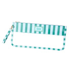 A clear plastic pouch with a green and light blue striped border, a wrist strap, and a small label that reads 'Natural Tiles'.
