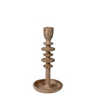 A rustic, multi-tiered candlestick holder with a shallow saucer base, finished in a distressed brown and beige textured finish, shown against a plain white background.