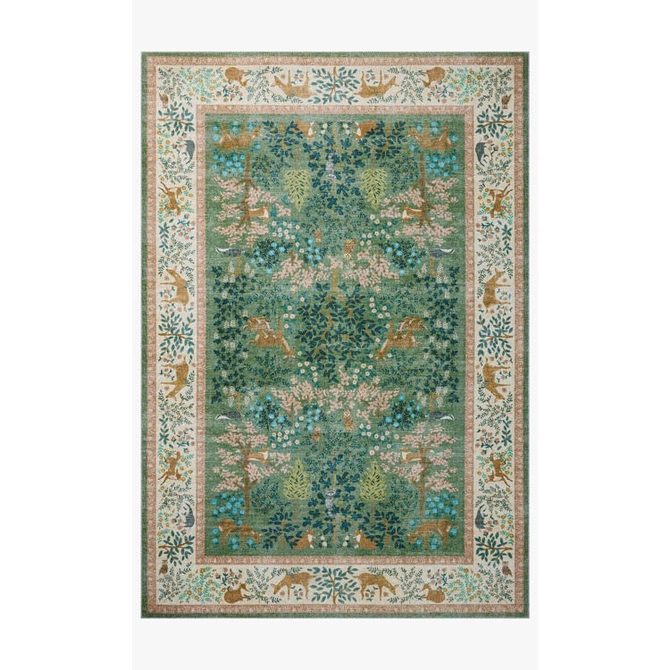 Decorative rug with floral and animal pattern on a white background