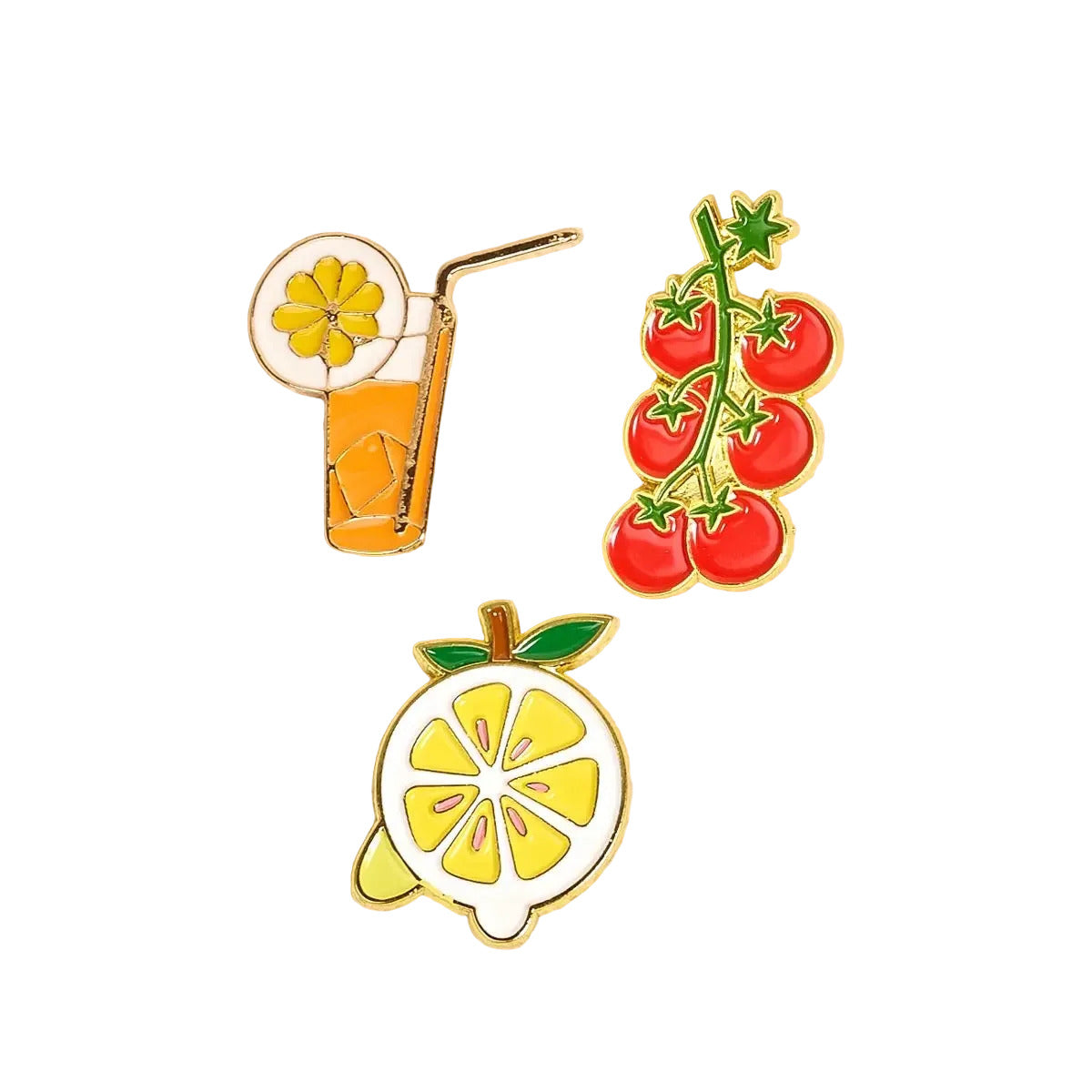 Three colorful fruit-themed earrings on a beige background