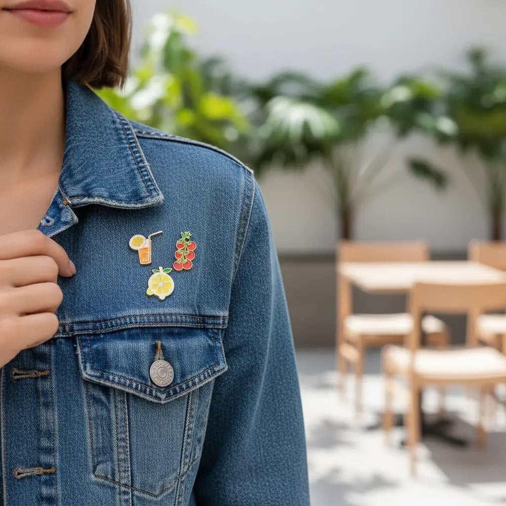 Person wearing a denim jacket with colorful pins in an outdoor setting
