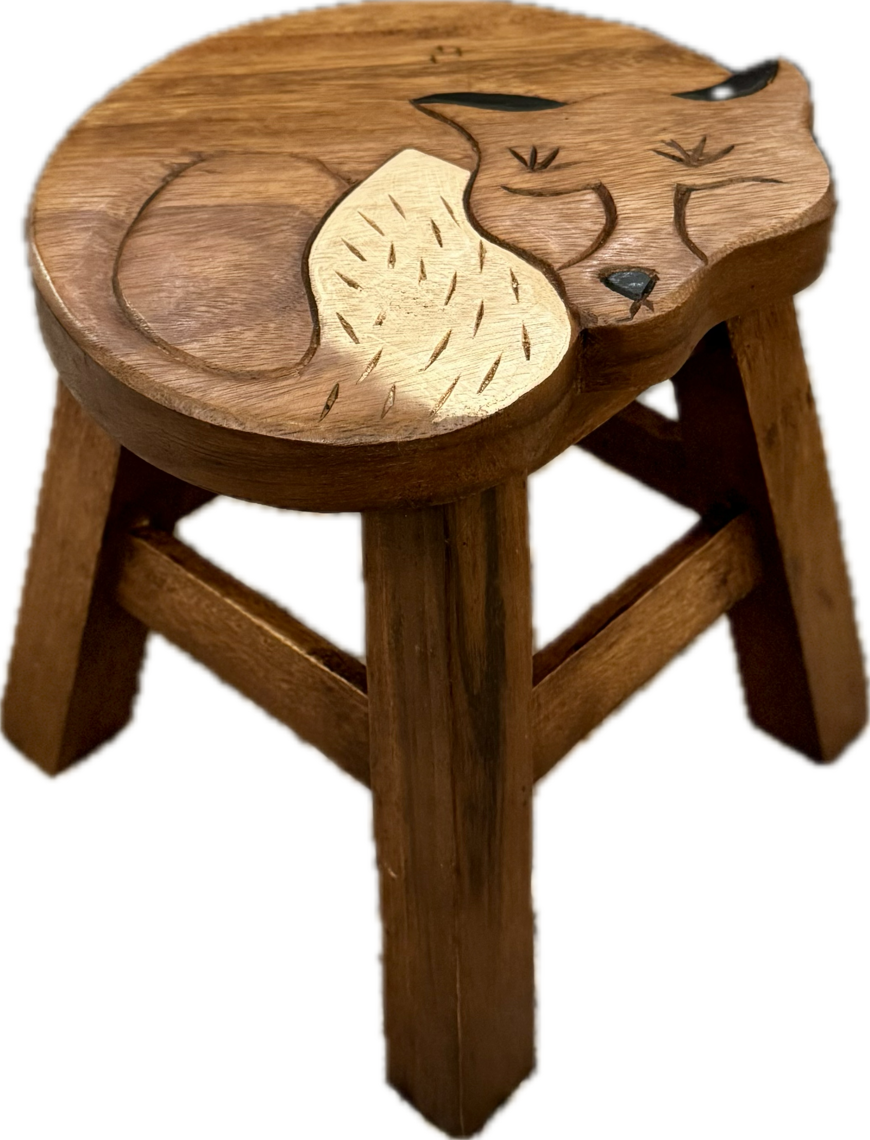Wooden stool with a cat design on a white background