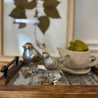 Two metallic bird figurines on a reflective surface with a blurred background