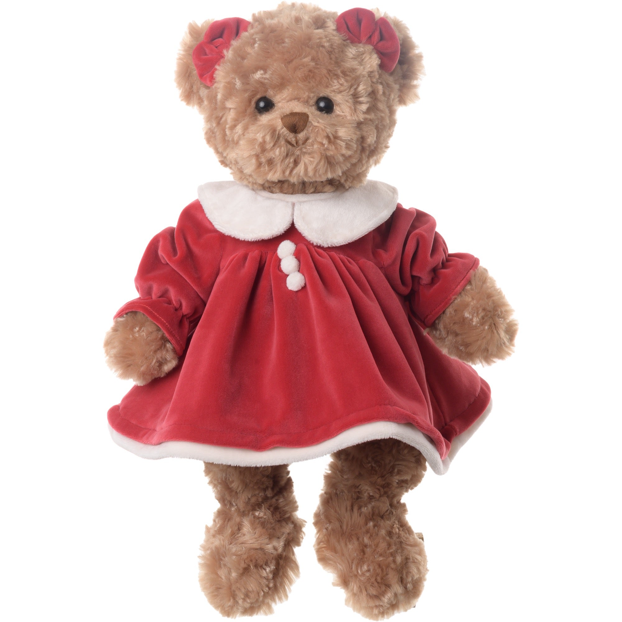 Teddy bear wearing a red dress with a white collar on a white background