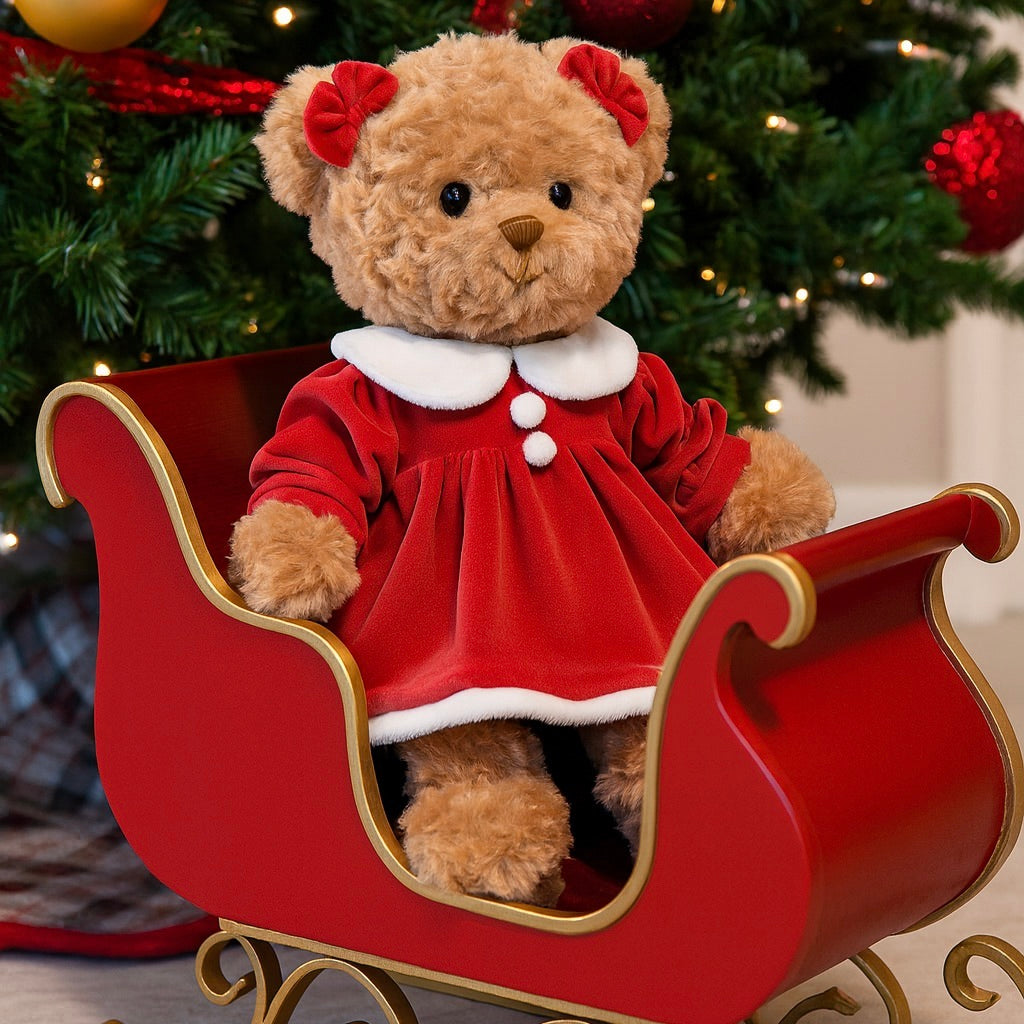 Teddy bear in a red dress sitting in a small red sleigh with a Christmas tree in the background.