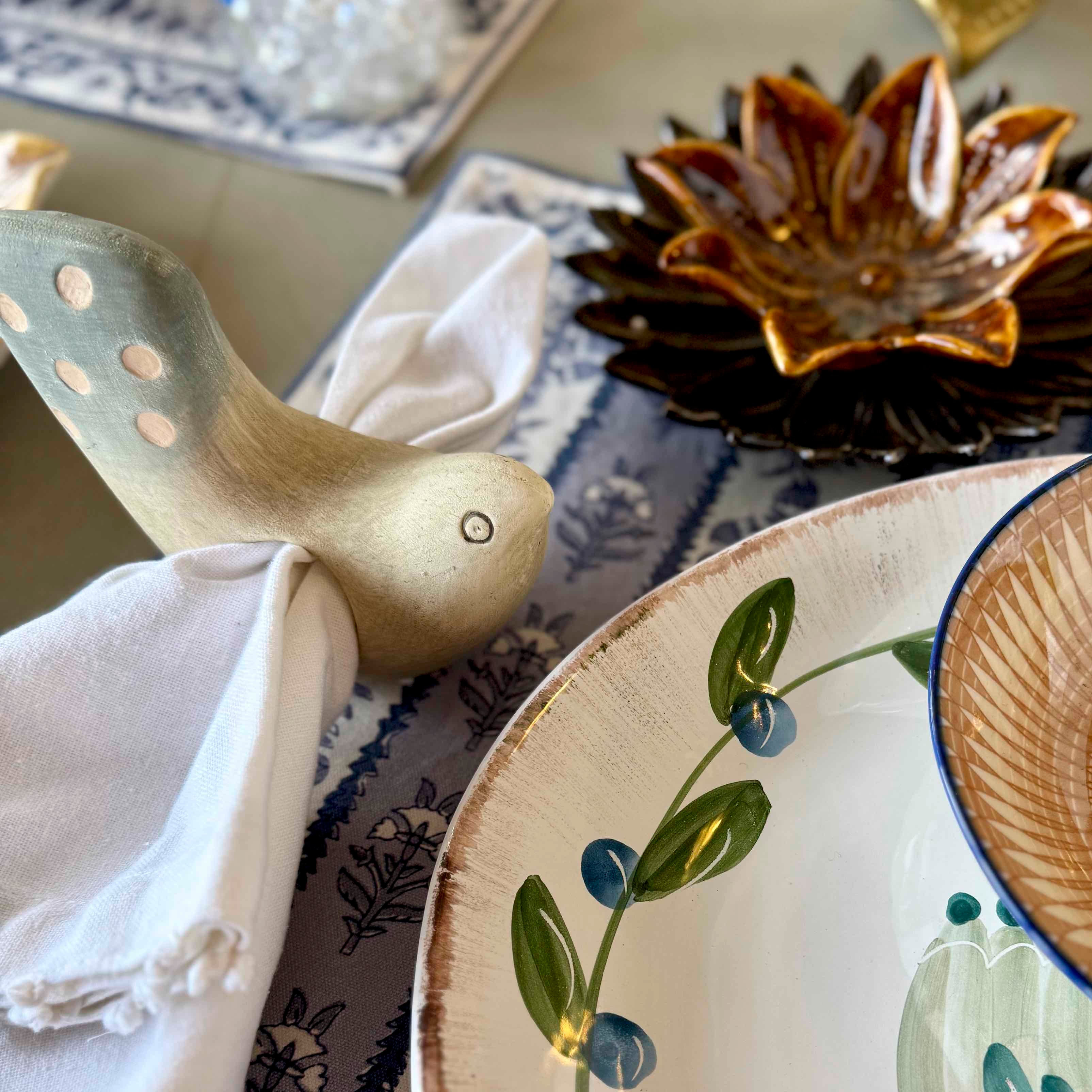 Ceramic Finch Napkin Holder Blue Set of 4