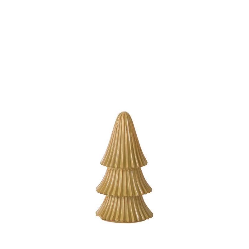 Gold decorative object with a layered, tree-like design on a white background
