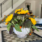 Potted sunflower plant on a checkered tablecloth with a blurred indoor background