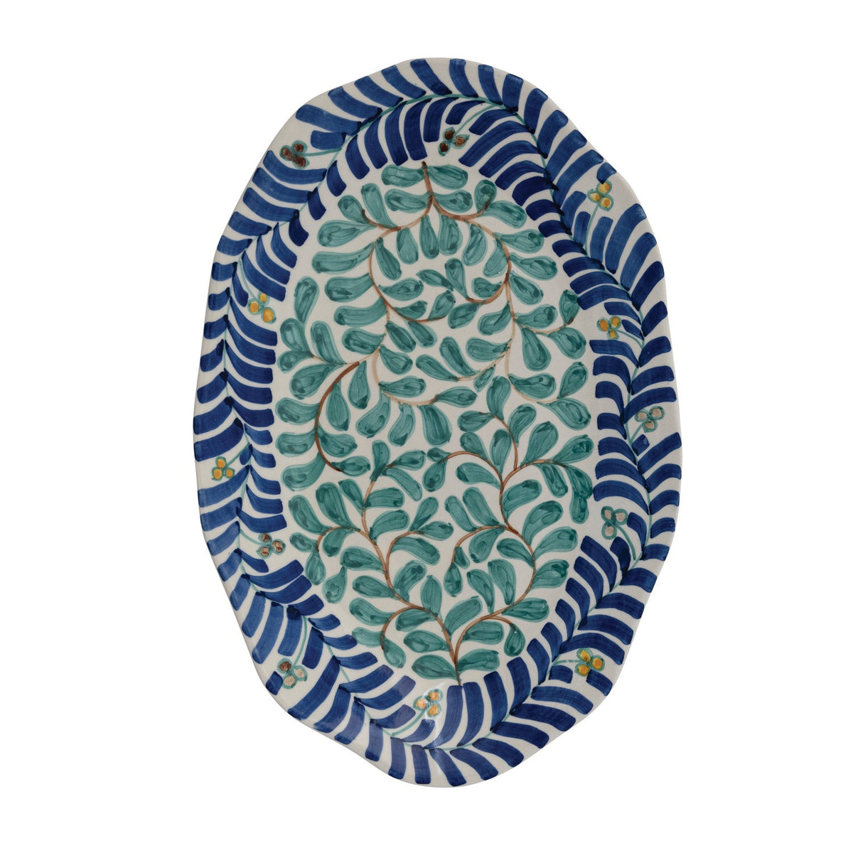 Add the Oval Hand-Painted Stoneware Platter with Vines Design to home décor for a refined blend of artistry and function. This oval platter features a hand-painted vines motif in multicolor tones, highlighting artisanal craftsmanship and rustic charm. Perfect for Contemporary, Casual, Farmhouse, French Country, and Cottagecore interiors, it serves as a versatile piece for serving appetizers, desserts, or as a decorative centerpiece.