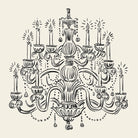 Black line drawing of a decorative chandelier on a beige background