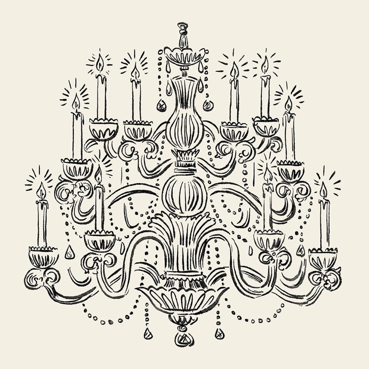 Black line drawing of a decorative chandelier on a beige background