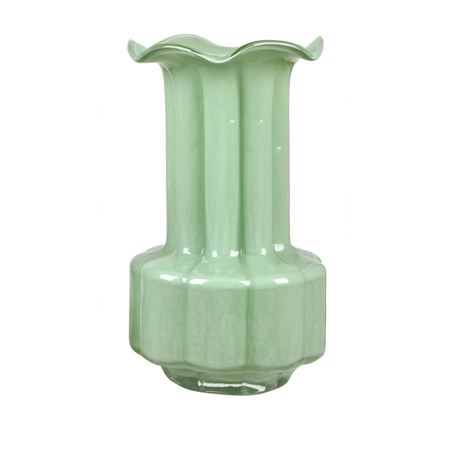 Green ceramic vase with a flared top on a white background
