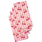Set of three pink checkered napkins with cherry pattern on a white background