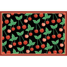 Pattern of red cherries and green leaves on a black background with a brown border.