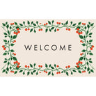 Decorative welcome mat with holly leaves and berries on a beige background