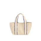 Beige tote bag with blue accents on a white background