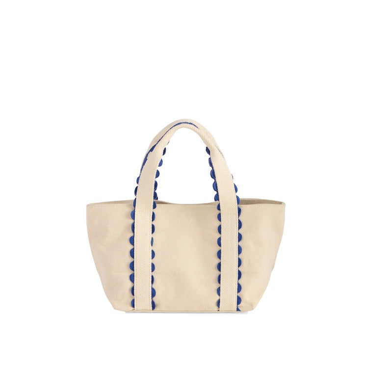 Beige tote bag with blue accents on a white background