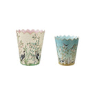 Two decorative paper cups with nature-themed designs on a white background